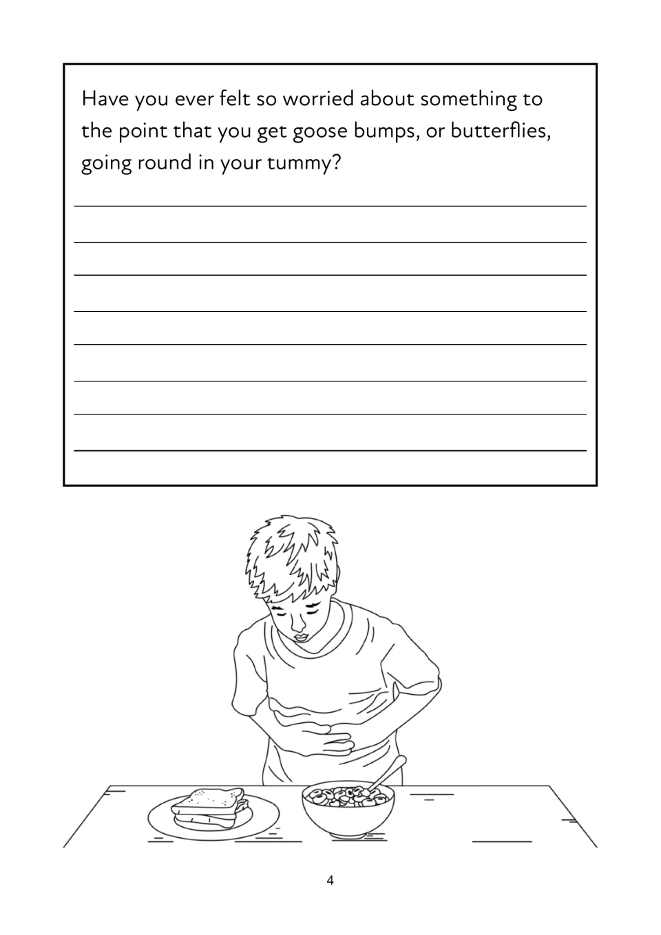 Writing about worry: students describe goose bumps or butterflies; drawing shows a boy at breakfast clutching his tummy