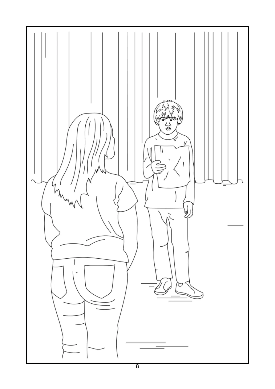 Audition scene illustration: a nervous boy holds a paper on stage before a curtain while a girl watches with her back to us