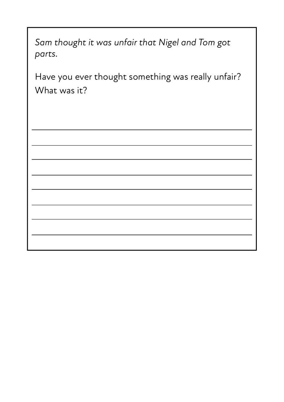 Fairness prompt: Sam felt it was unfair that Nigel and Tom got parts; students write about something they thought unfair