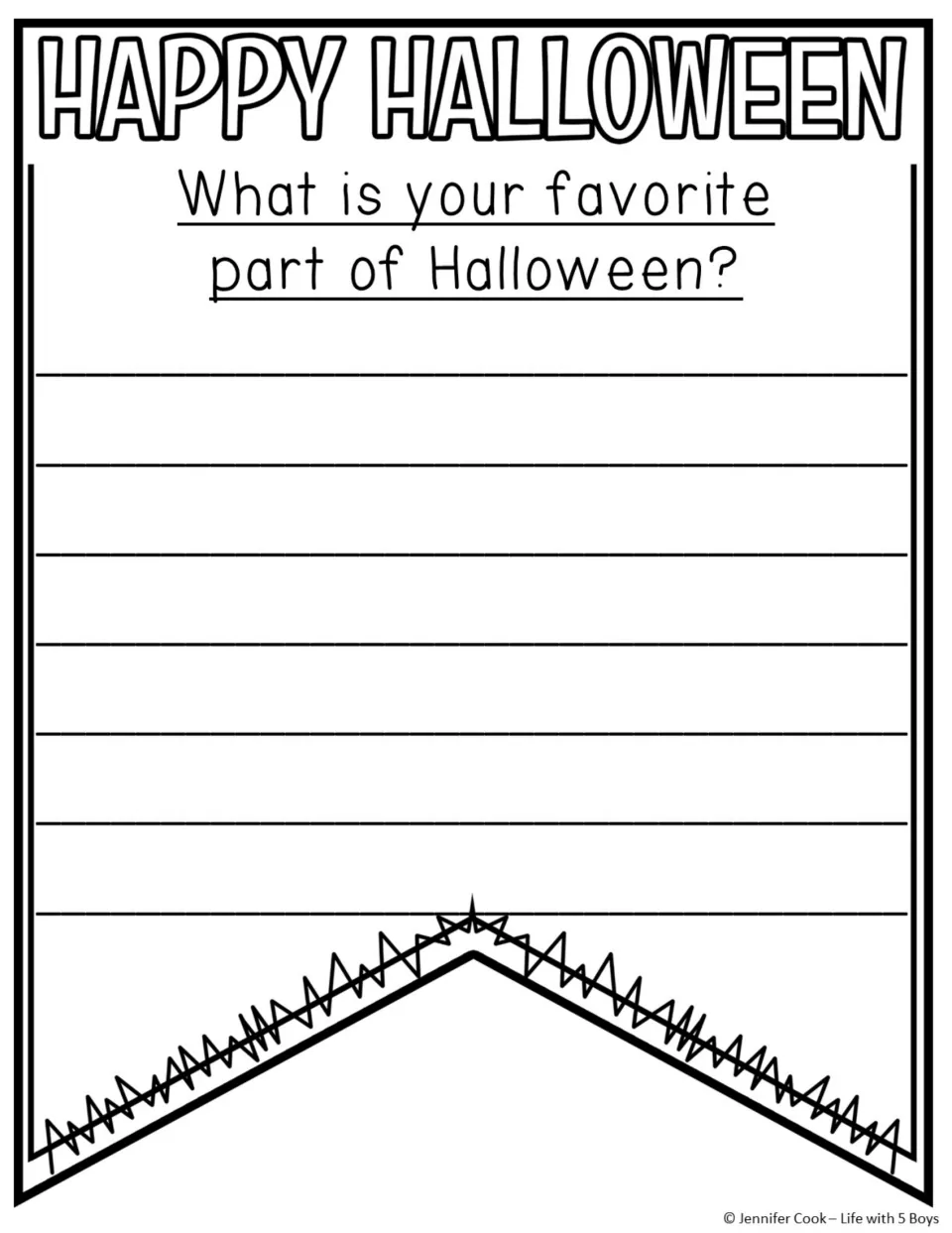 Writing-only Halloween pennant asks students to respond to 'What is your favorite part of Halloween?'