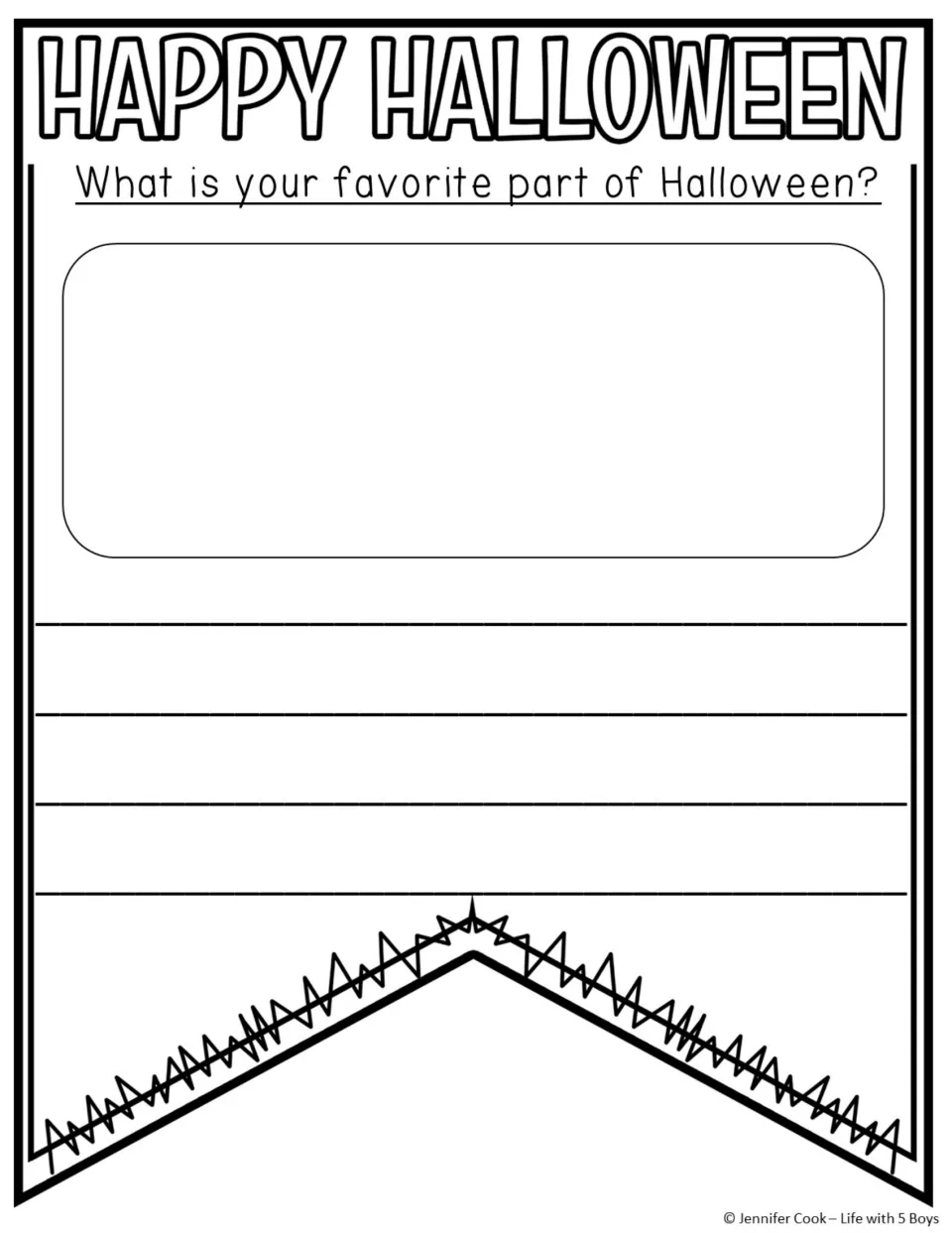 Drawing-and-writing Halloween pennant includes the prompt 'What is your favorite part of Halloween?'