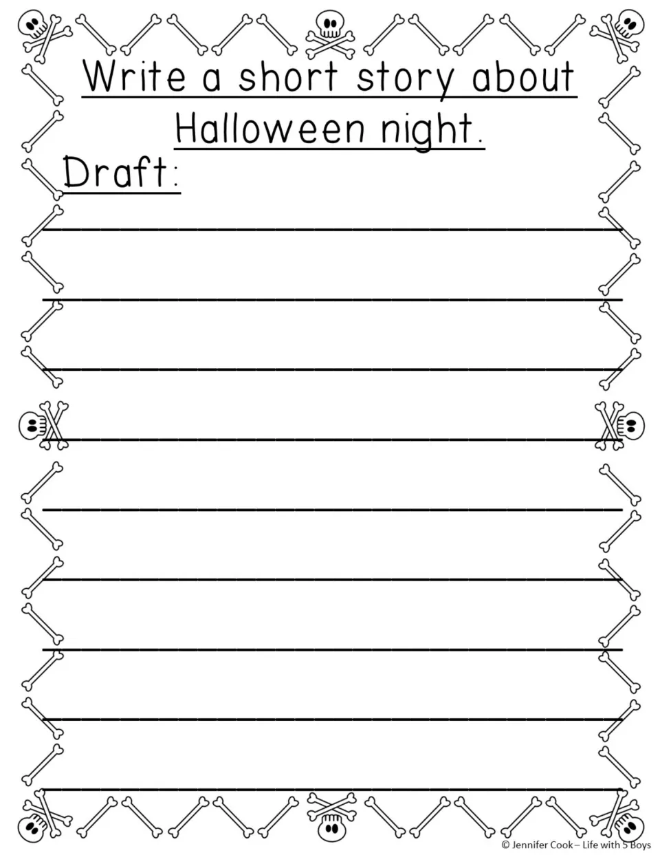 Halloween story draft page 1 gives the prompt "Write a short story about Halloween night" and the label "Draft."
