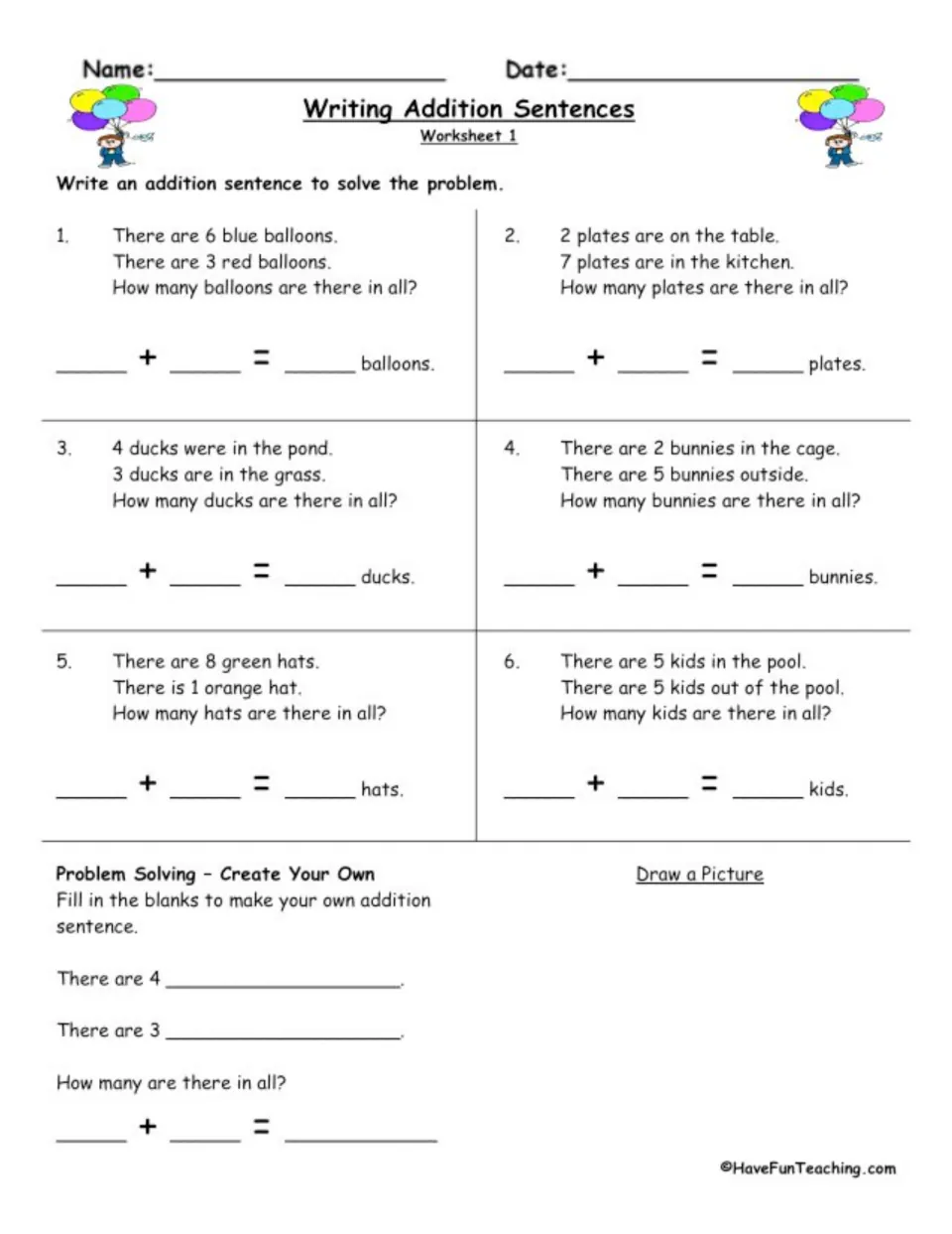 Worksheet 1 story problems on balloons, plates, ducks and hats: students write addition sentences, then make their own