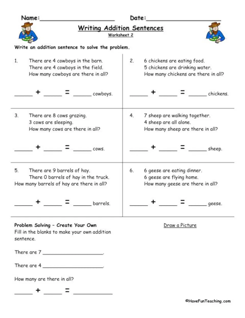 Worksheet 2 farm story problems about cowboys, chickens, cows, sheep and geese: students write each as an addition equation
