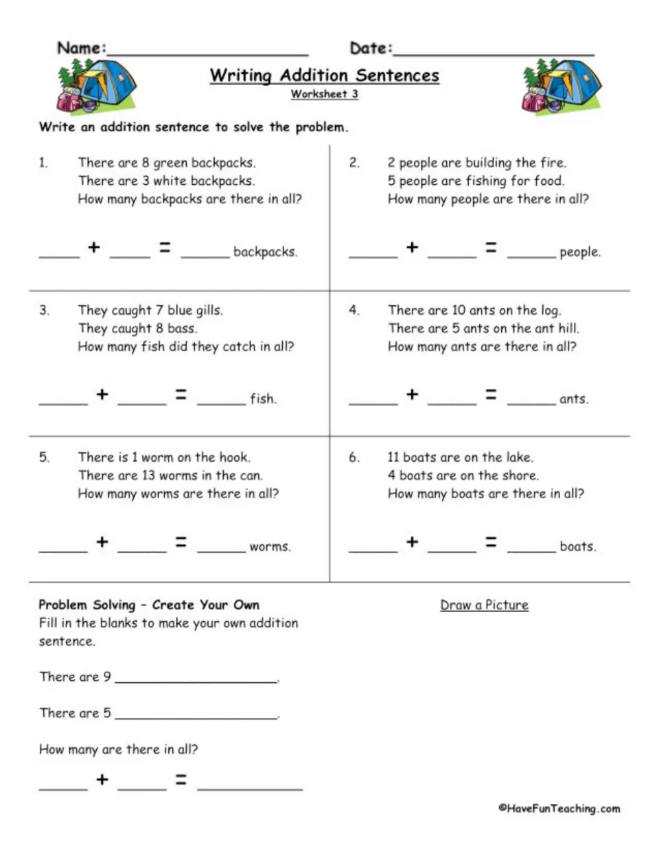 Worksheet 3 camping word problems with backpacks, fish, ants, worms and boats: students write two-addend sums up to 15