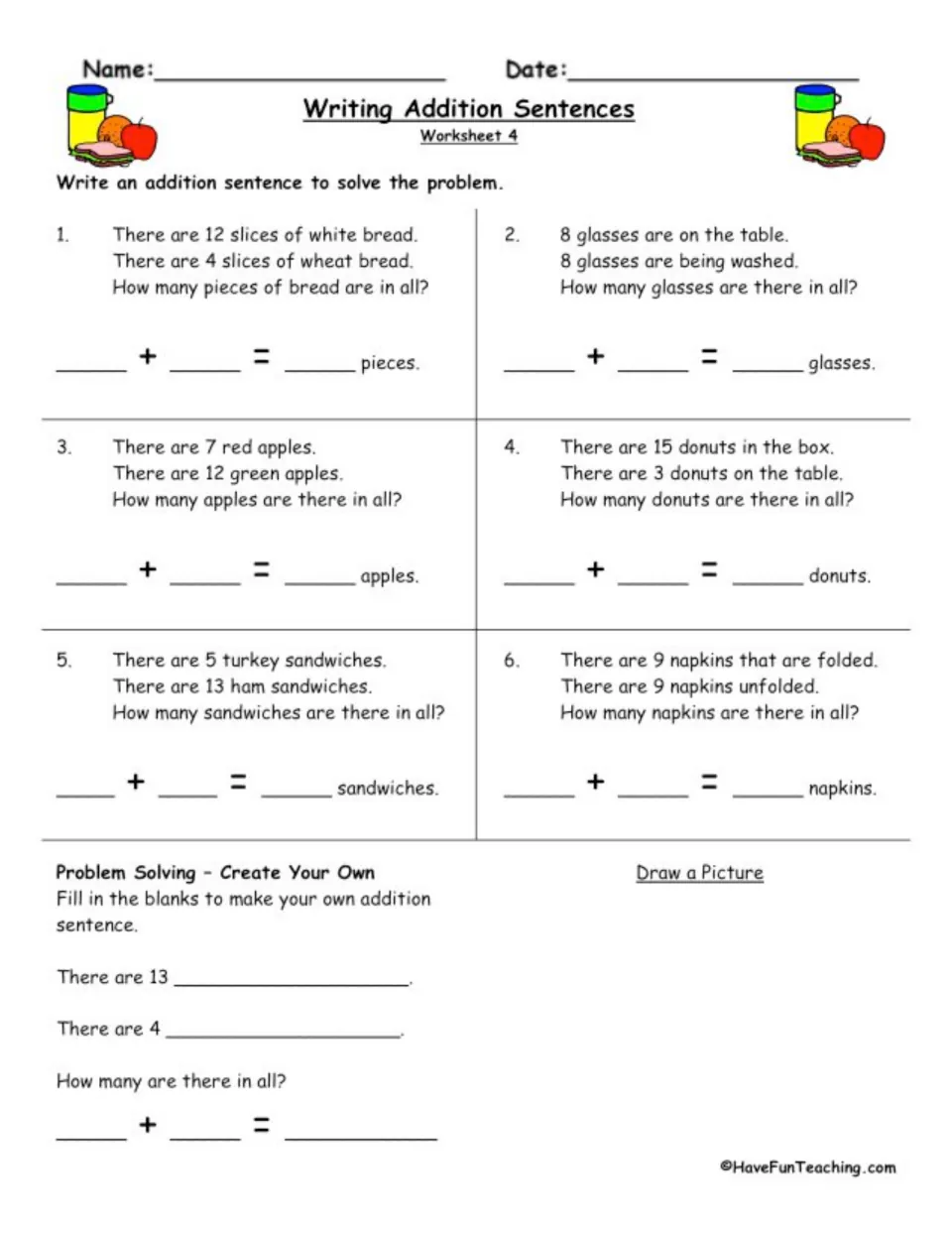 Worksheet 4 lunch word problems on bread, glasses, apples, donuts and sandwiches: students write sums up to 19