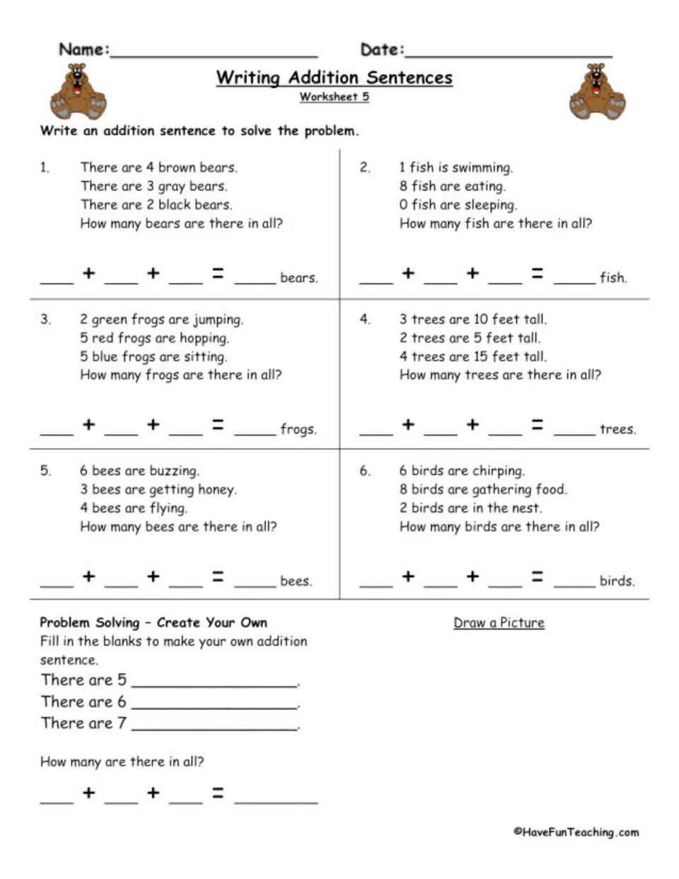 Worksheet 5 three-addend story problems about bears, fish, frogs, trees, bees and birds: students write a + b + c equations
