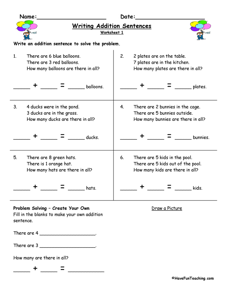 Writing Addition Sentences Worksheet teaching resource preview
