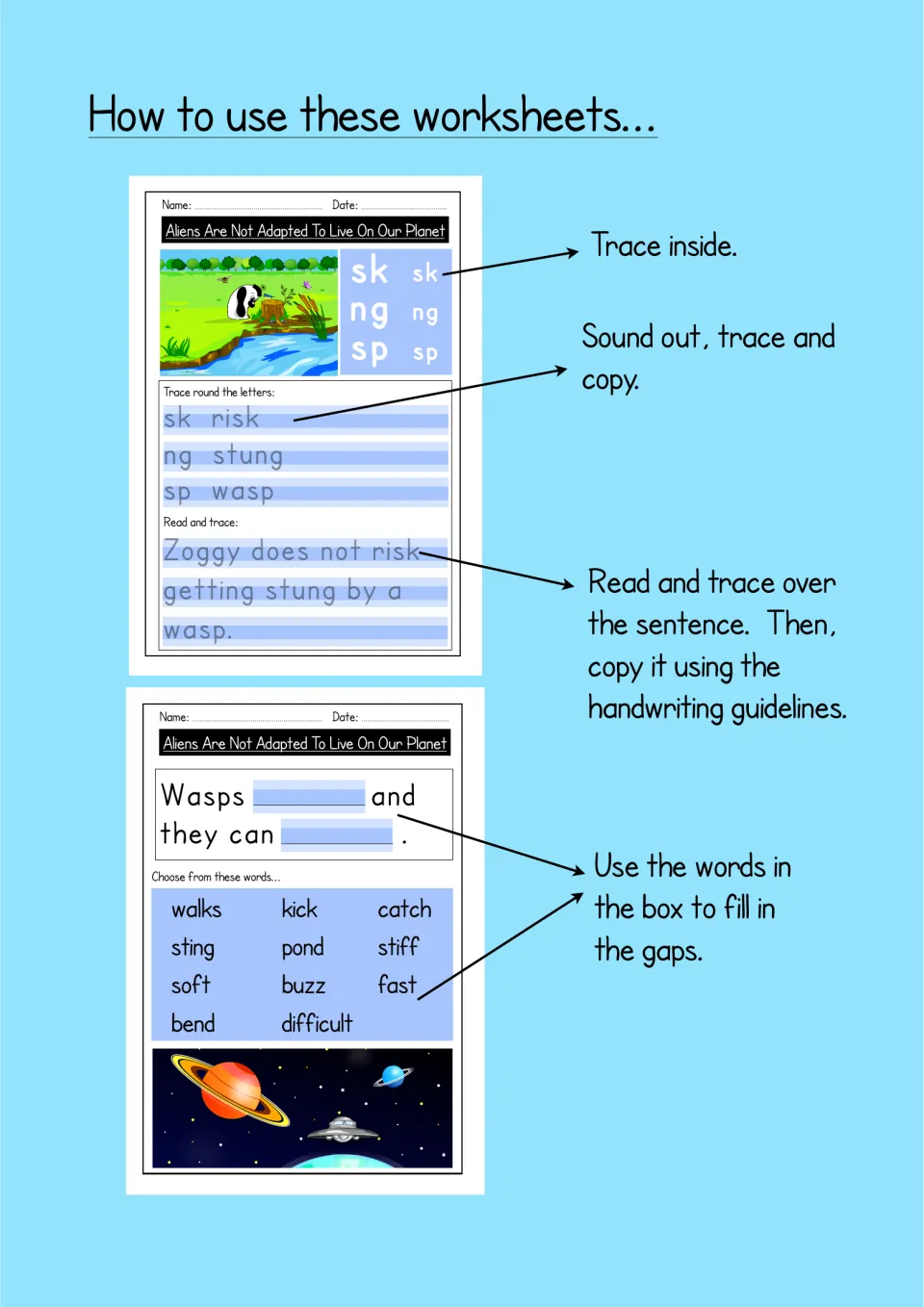 How to use these worksheets: notes explain tracing letters, sounding out and copying, and filling gaps from a word box