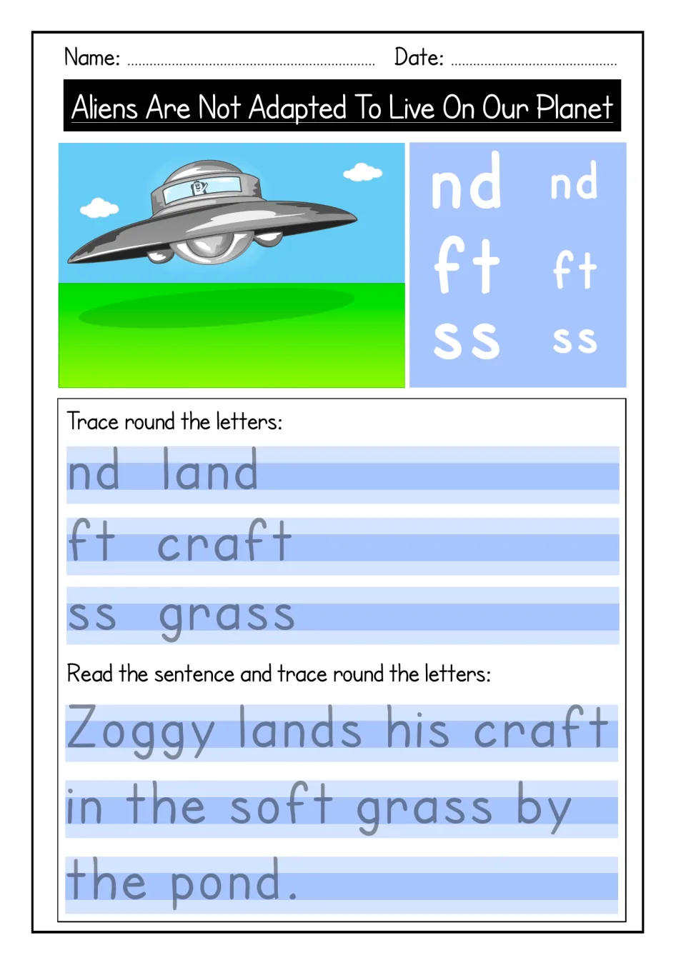 Ending blends nd, ft and ss: students trace land, craft and grass, then trace a sentence about Zoggy landing his craft