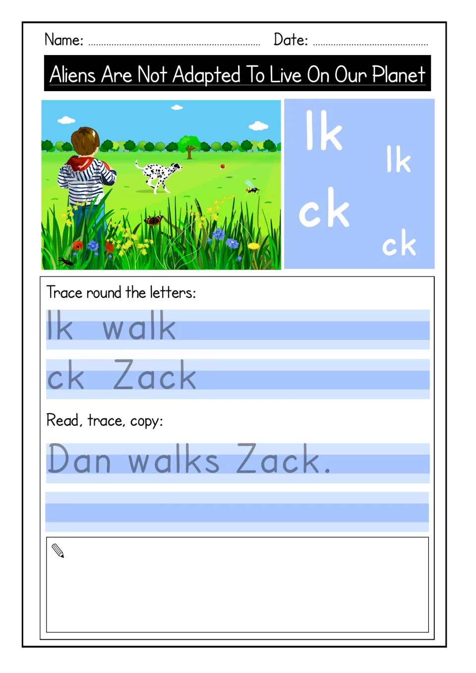 Ending blends lk and ck: students trace walk and Zack, then read, trace and copy 'Dan walks Zack.' and draw a picture