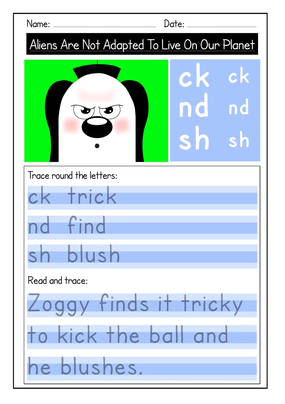 Endings ck, nd and sh: students trace trick, find and blush, then a sentence on Zoggy finding it tricky to kick the ball