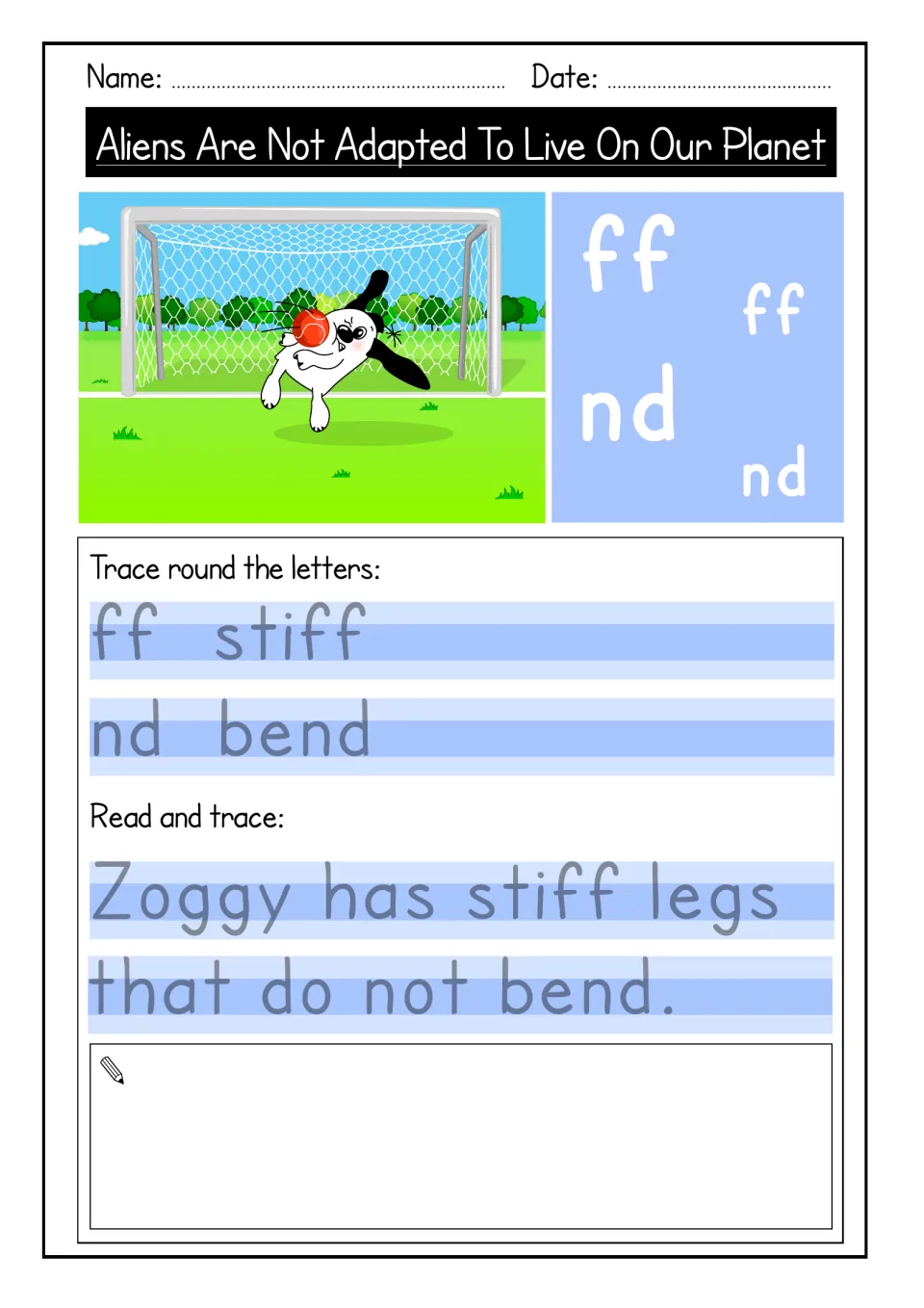 Endings ff and nd: students trace stiff and bend, then trace 'Zoggy has stiff legs that do not bend.' and draw a picture