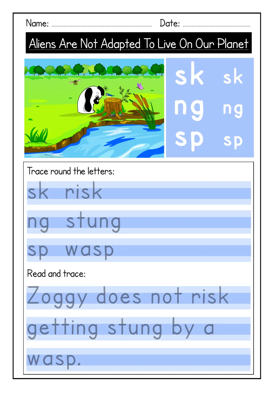 Endings sk, ng and sp: students trace risk, stung and wasp, then trace 'Zoggy does not risk getting stung by a wasp.'