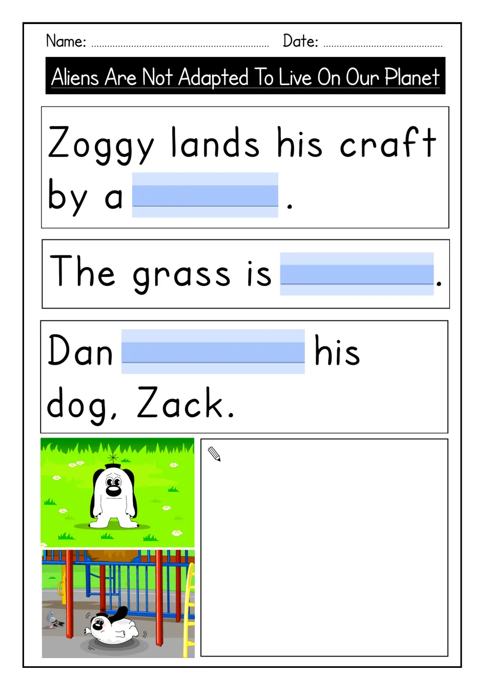 Story sentence gap-fill: students complete three sentences about Zoggy's craft, the grass and Dan with his dog Zack