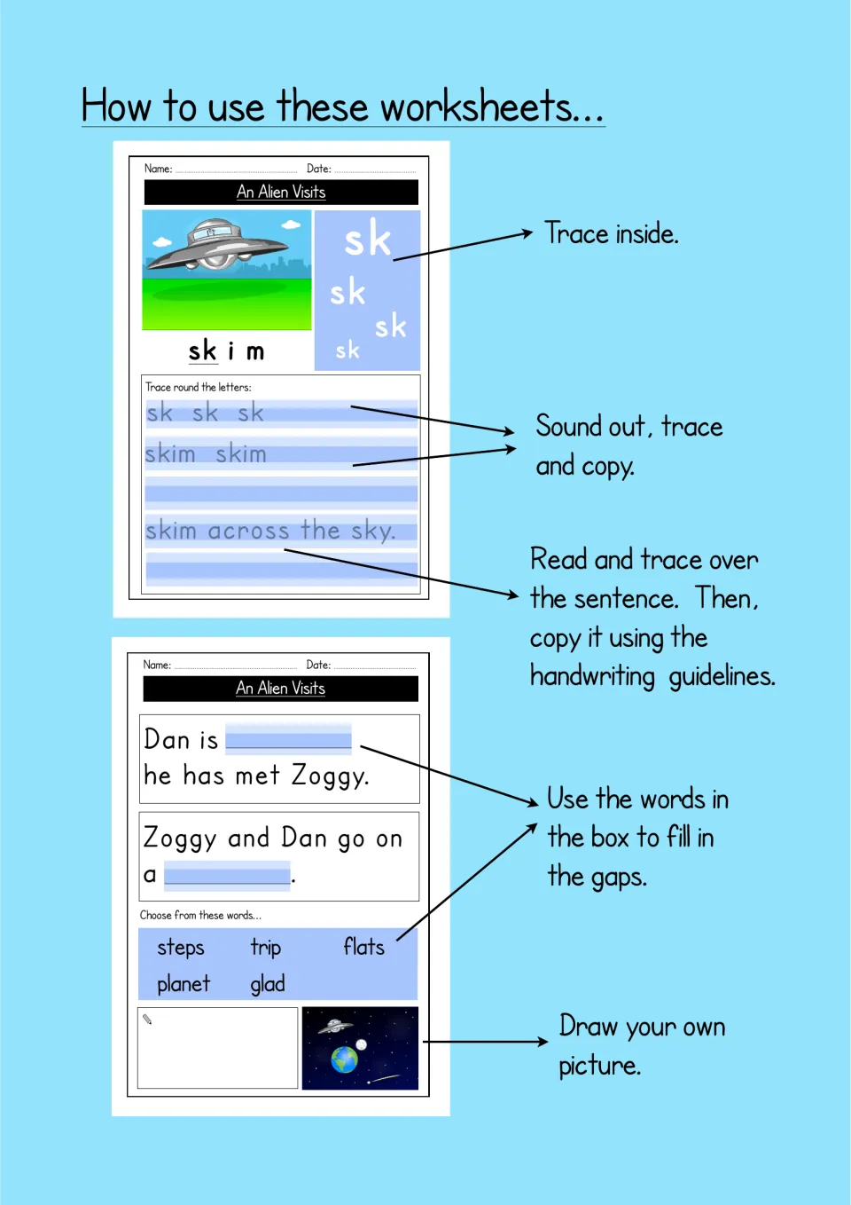 How to use these worksheets: arrows explain tracing sk letters, copying words and sentences, filling gaps and drawing