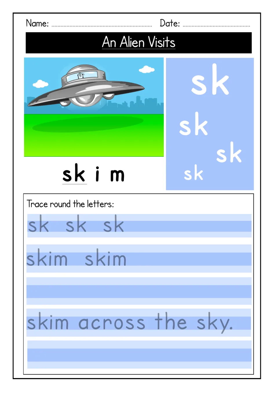Blend sk handwriting: students trace large sk letters, then trace and copy skim and the sentence 'skim across the sky.'