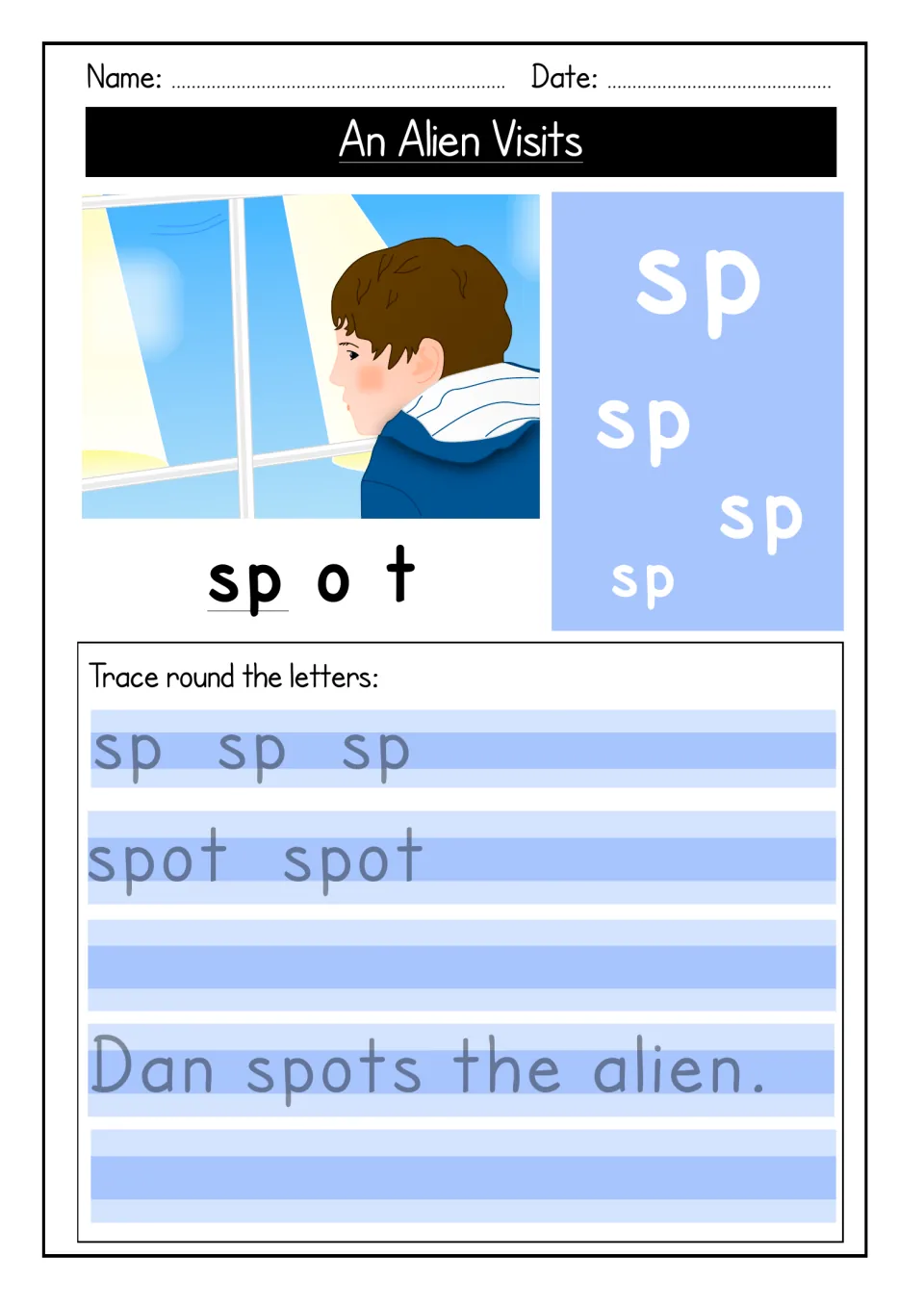 Blend sp handwriting: students trace sp, then sound out and copy spot and the sentence 'Dan spots the alien.'