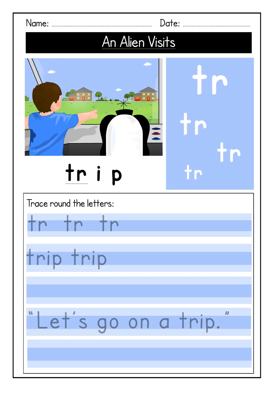 Blend tr handwriting: students trace tr, then sound out and copy trip and the sentence "Let's go on a trip."