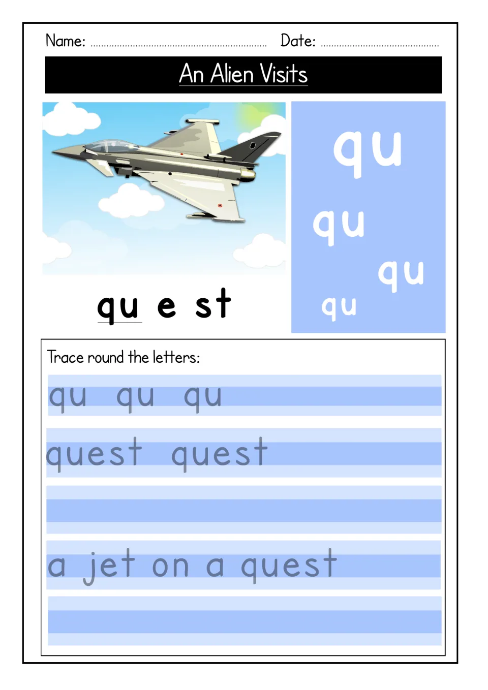 Digraph qu handwriting: students trace qu, then sound out and copy quest and the phrase 'a jet on a quest'