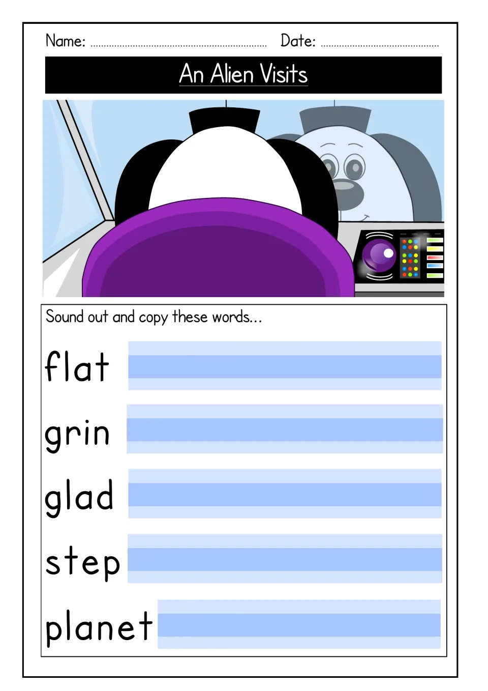Blending words: students sound out and copy flat, grin, glad, step and planet beside a picture of two aliens in a craft