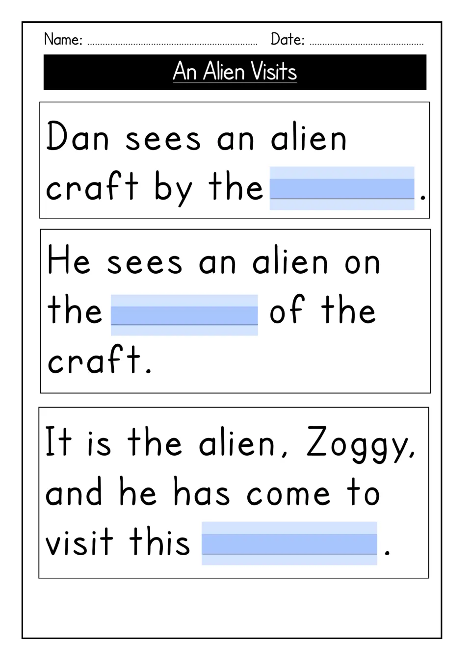 Story gap-fill: students complete three sentences about Dan seeing Zoggy's alien craft by writing the missing words