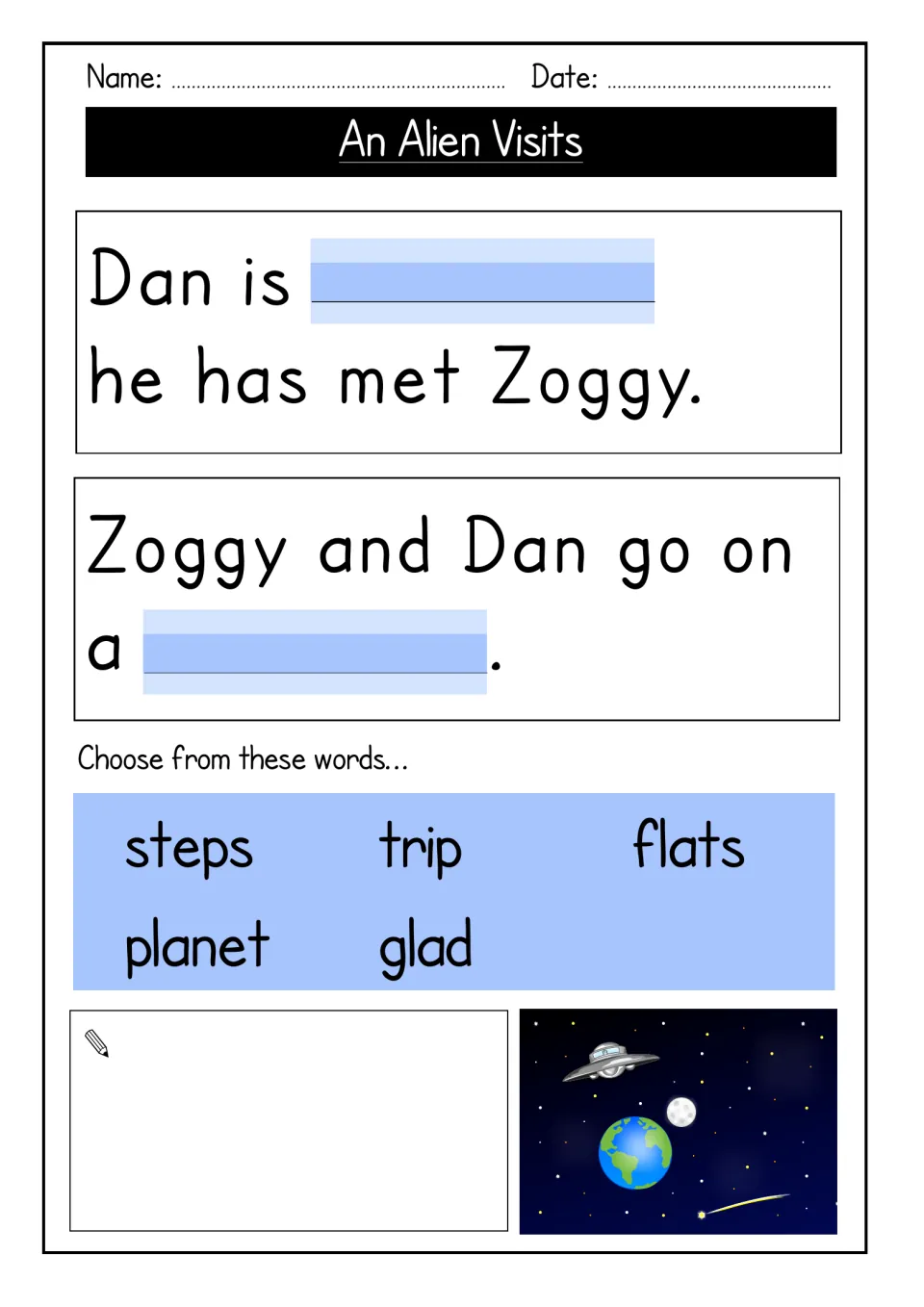 Word bank gap-fill: students choose from steps, trip, flats, planet and glad to finish two sentences, then draw a picture