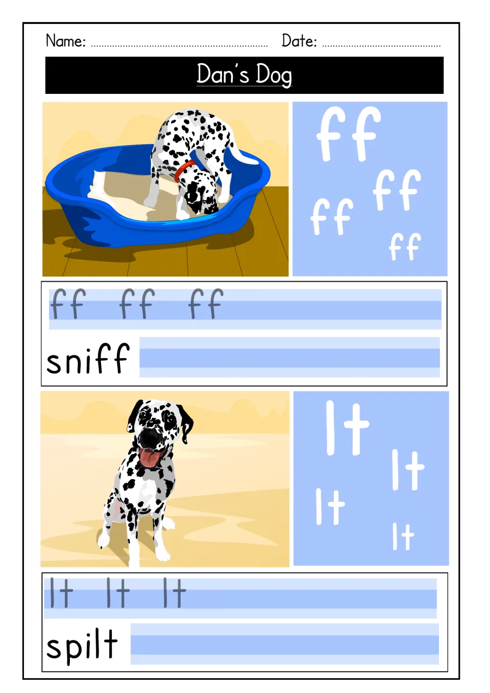 Consonant endings ff and lt: students trace each ending, then copy sniff and spilt beside pictures of a Dalmatian