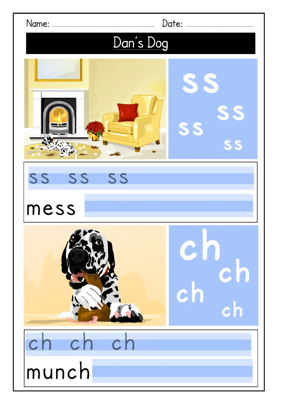 Endings ss and ch: students trace each sound and copy mess and munch, with a dog in a messy room and one chewing a bone