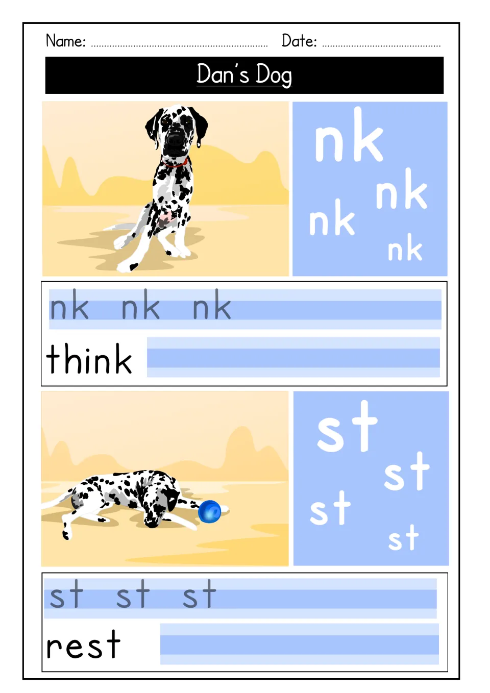 Endings nk and st: students trace each sound, then copy think and rest beside a sitting dog and a lying dog with a ball