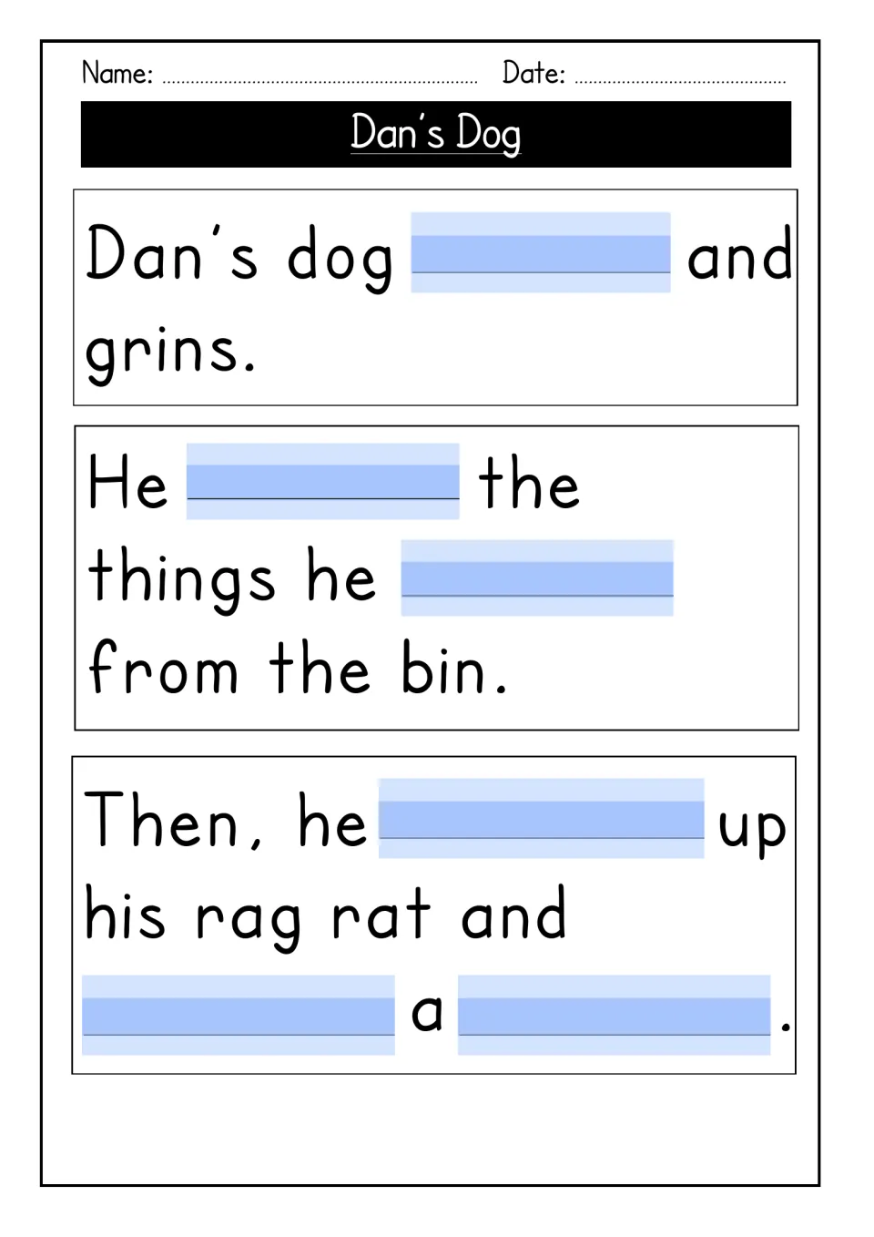 Story cloze: students fill blanks in three sentences about Dan's dog grinning, the bin and his rag rat