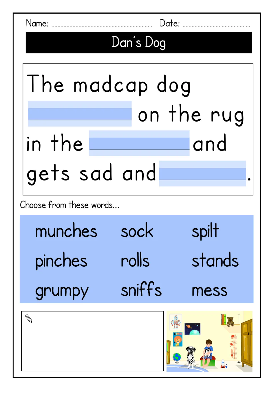 Madcap dog cloze: students fill gaps in a sentence about a dog on the rug from a nine-word bank, then draw a picture