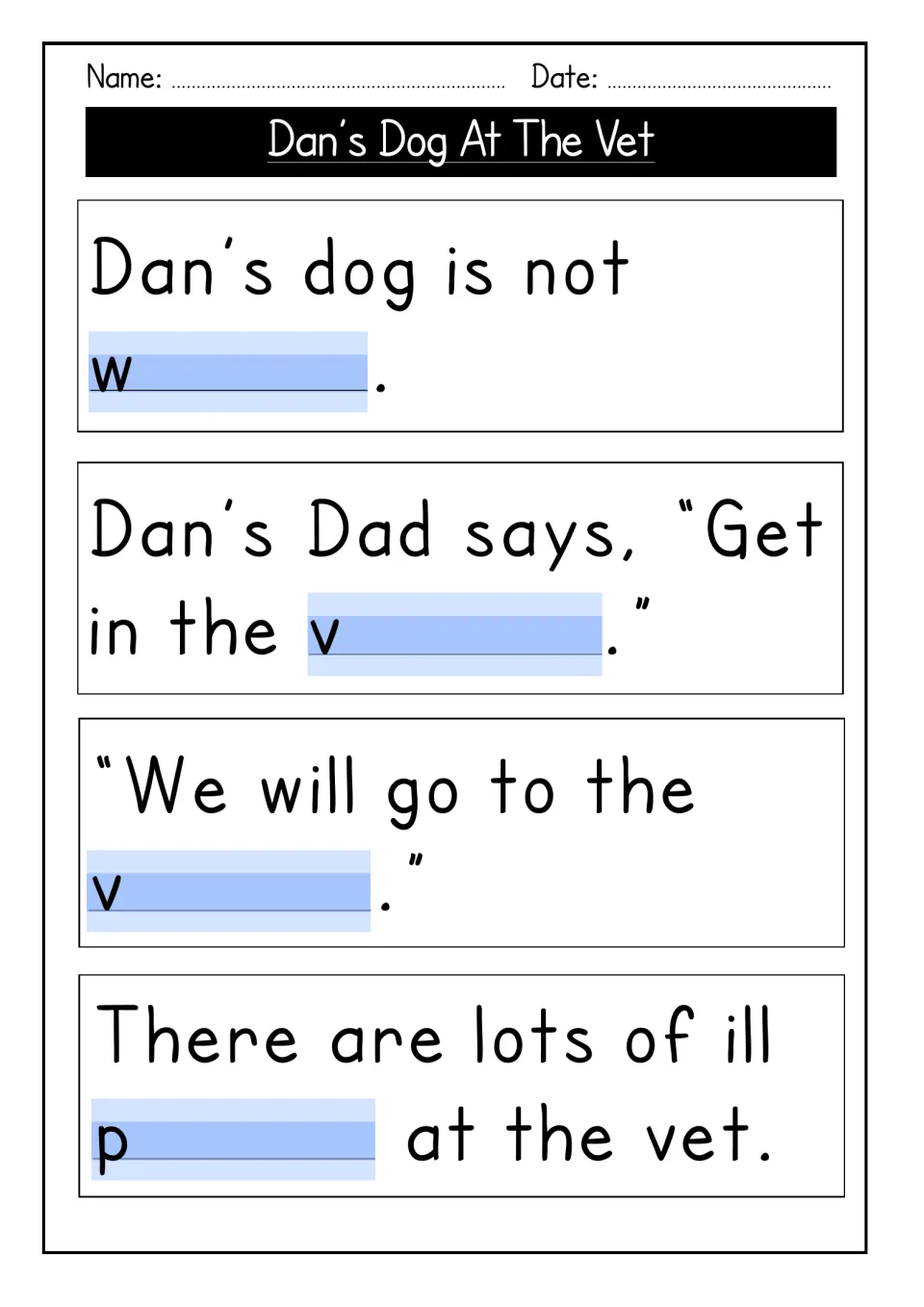 Sentence gap-fill: students complete four story sentences about the ill dog using first-letter clues w, v, v and p