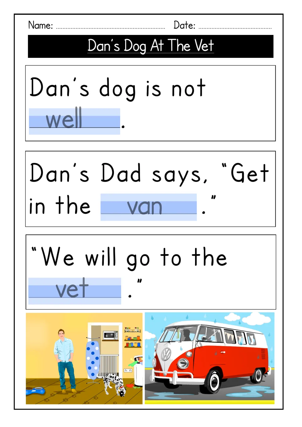 Completed story sentences: students trace well, van and vet in the gaps; pictures show a man, the dog and a red van