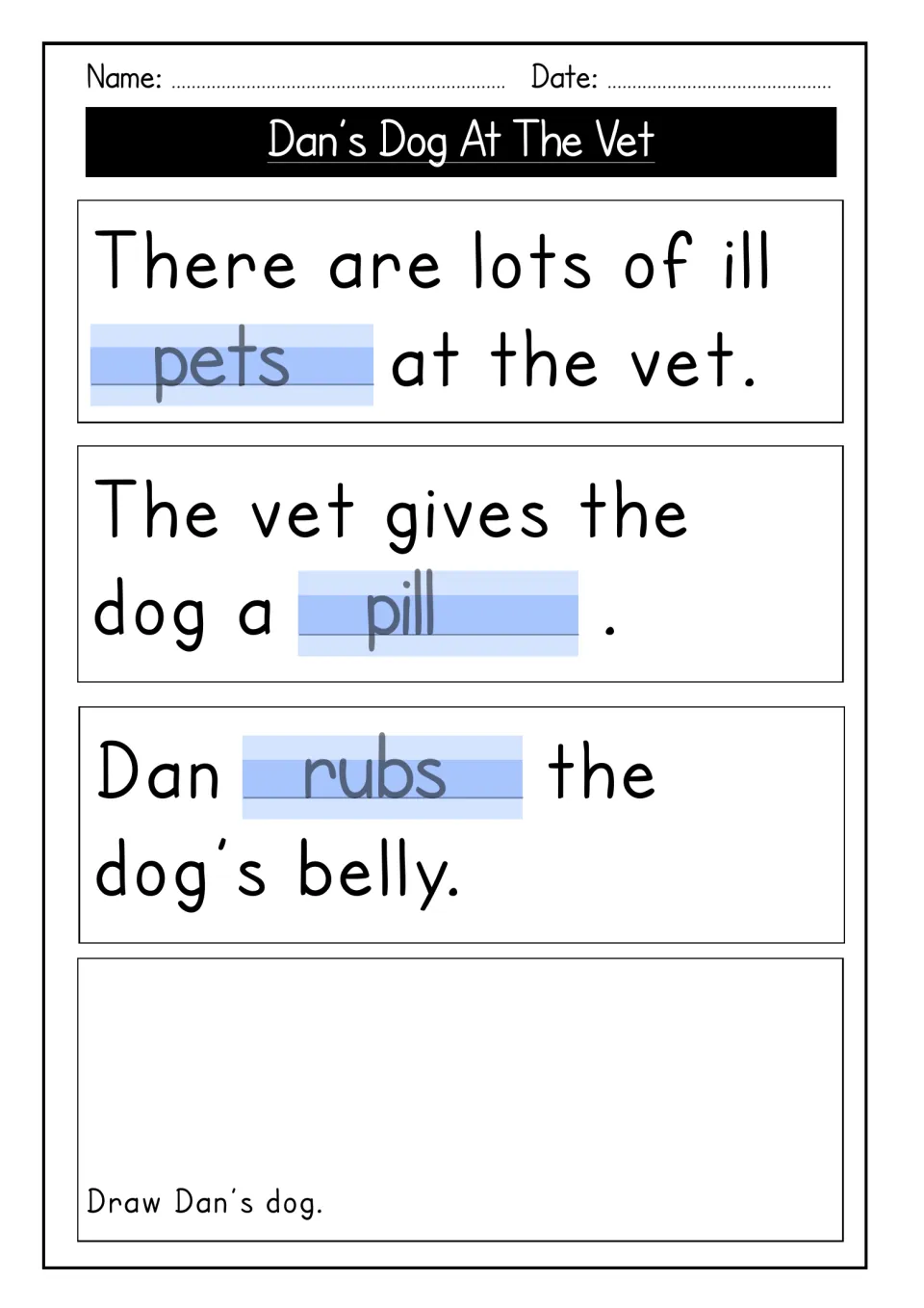 Story ending sentences with pets, pill and rubs written in to trace, plus a space where students draw Dan's dog