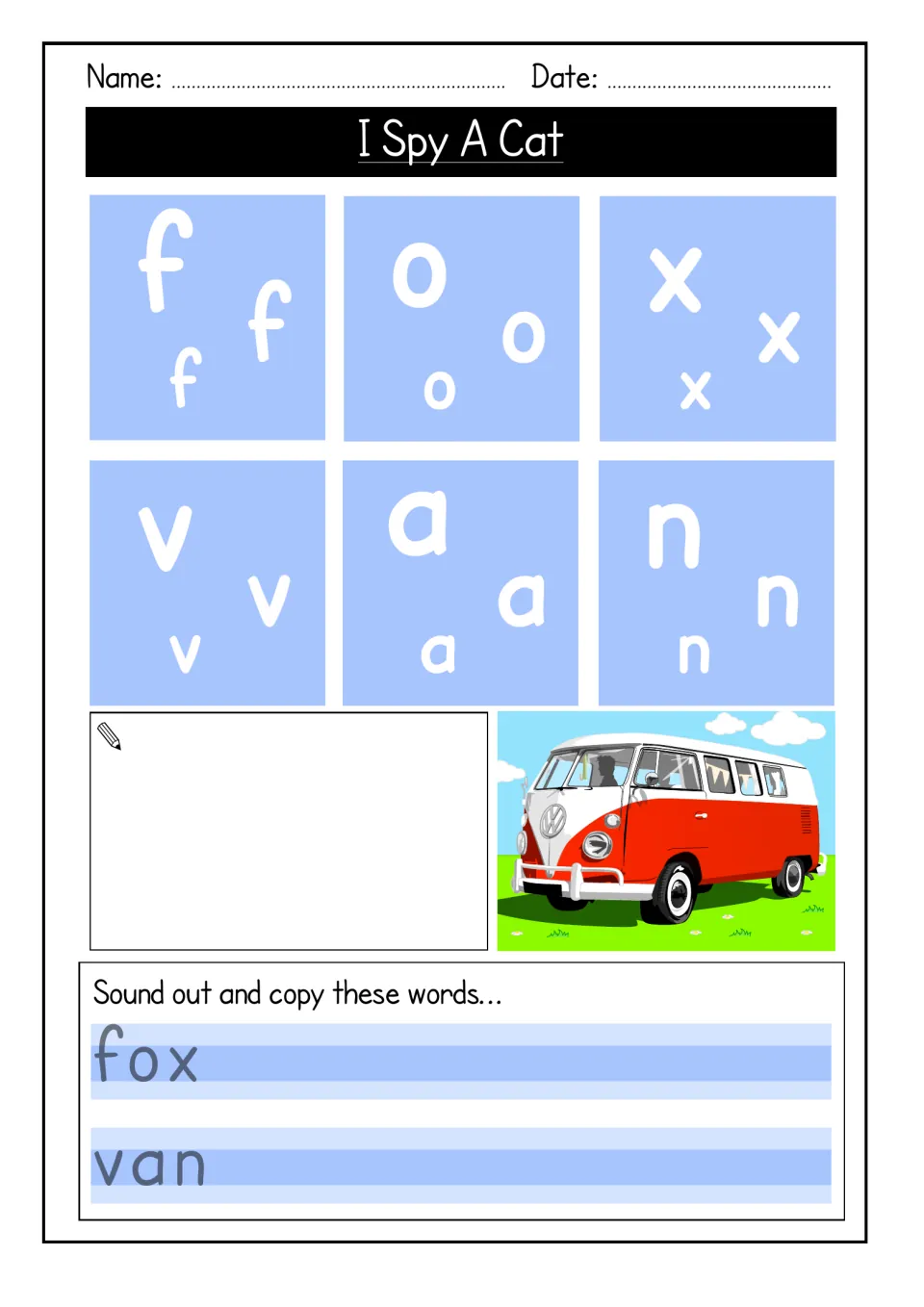 Letter tracing for f, o, x, v, a and n, drawing a picture next to a red van, then sounding out and copying fox and van