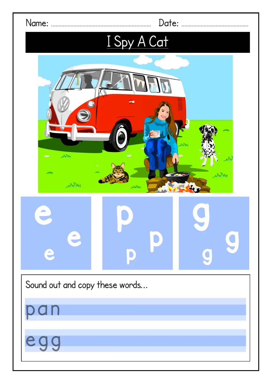 Camping scene with a van, cat, dog and girl cooking, then tracing e, p and g and sounding out and copying pan and egg