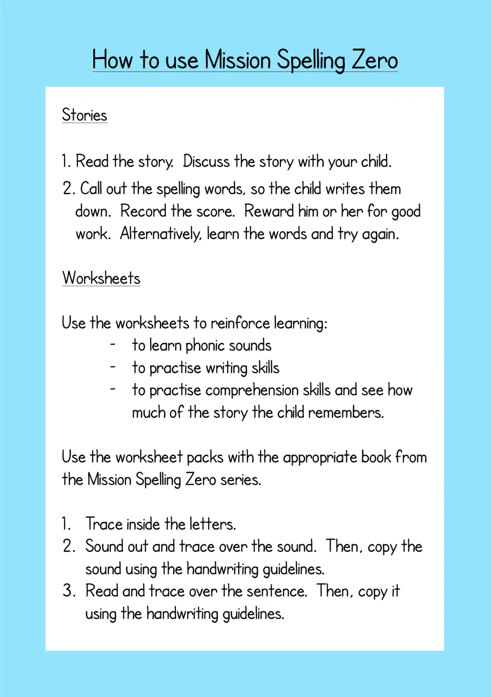 Packet instructions explain story reading, spelling practice, and tracing and copying sounds and sentences.