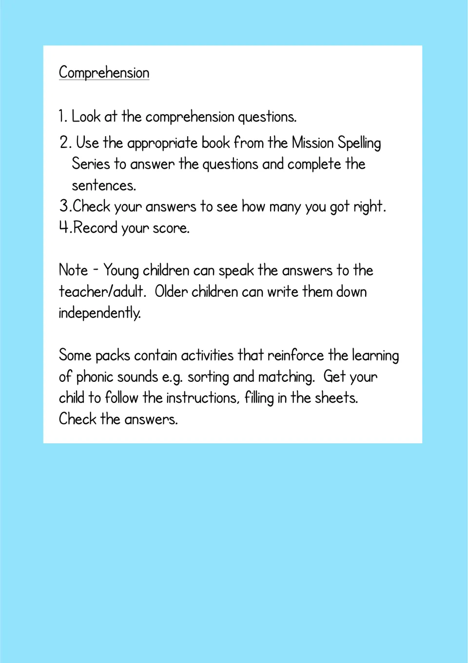 Comprehension instructions explain using the companion book, answering questions, and recording scores.