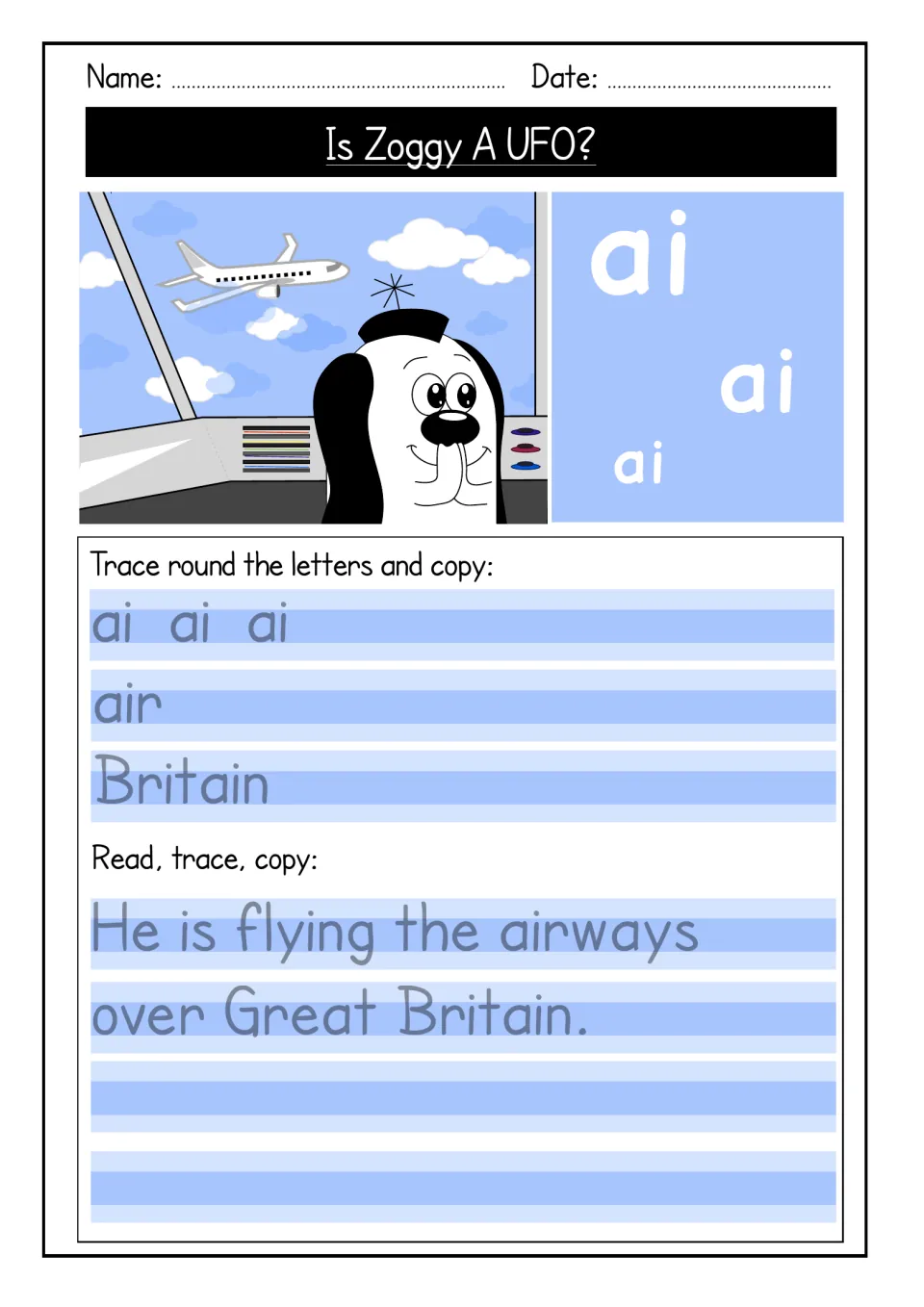 Ai tracing practice includes air, Britain, and the sentence “He is flying the airways over Great Britain.”