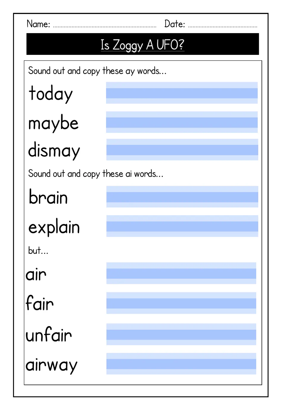 Word-copying practice covers ay in today, maybe, dismay; ai in brain, explain; and air in four words.