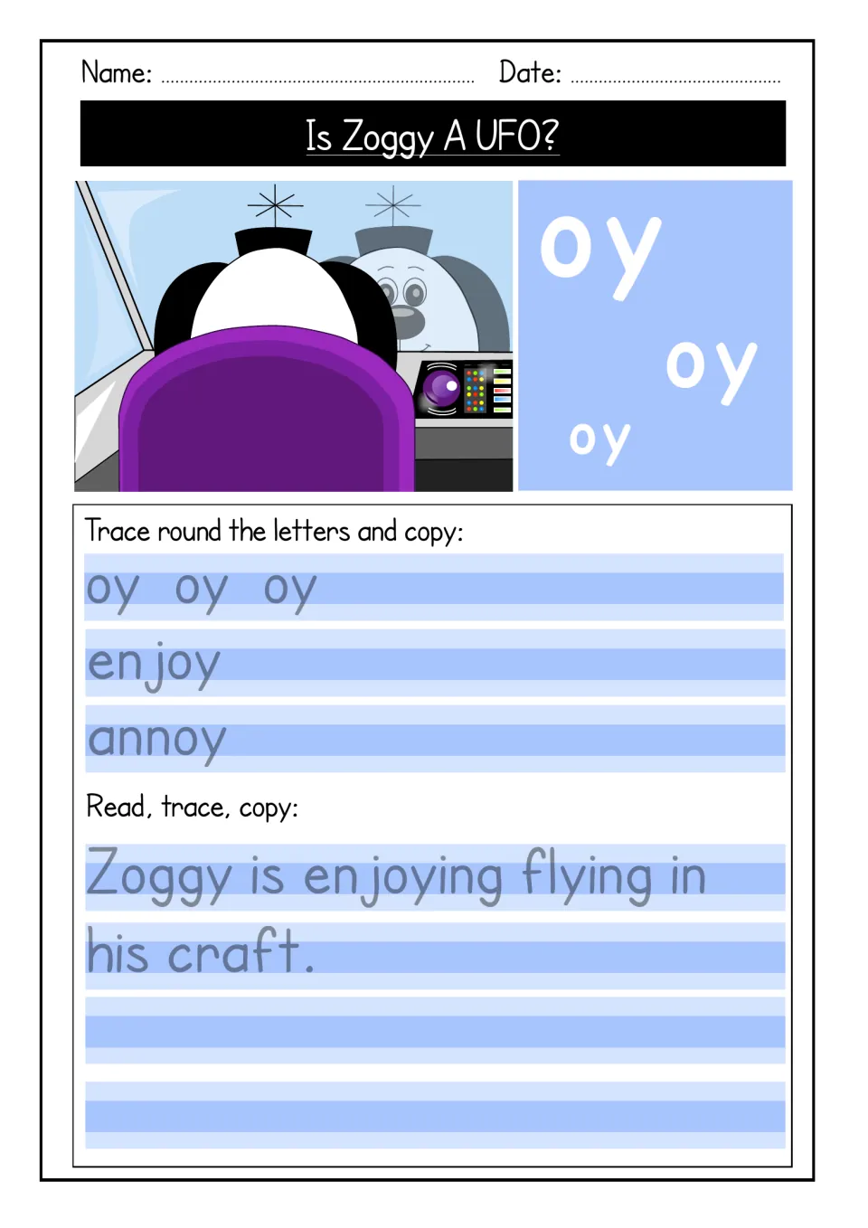 Oy tracing practice includes enjoy, annoy, and the sentence “Zoggy is enjoying flying in his craft.”