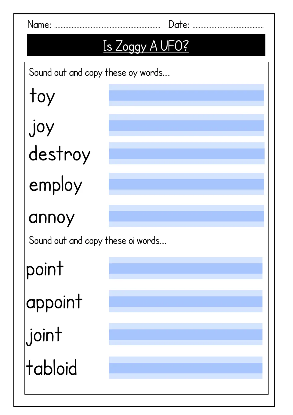 Oy and oi word-copying practice lists toy, joy, destroy, employ, annoy, point, appoint, joint, and tabloid.