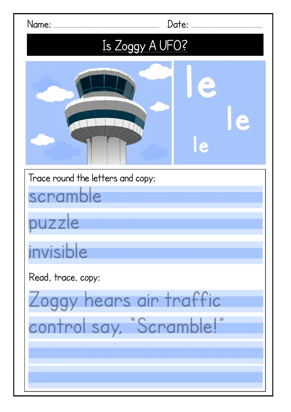 Le ending practice includes scramble, puzzle, invisible, and a sentence about air traffic control.