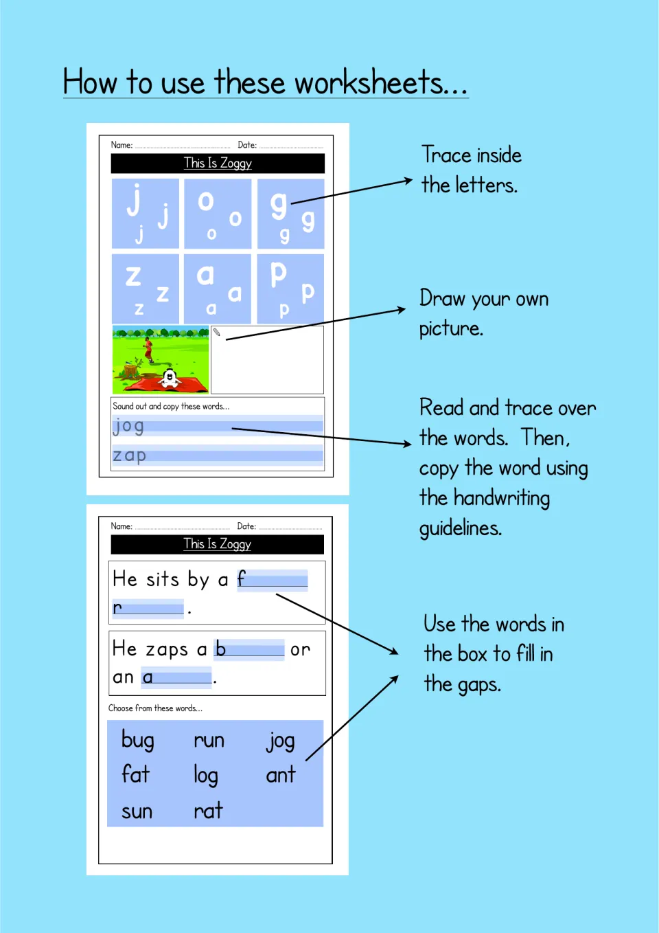 How to use these worksheets: arrows explain tracing letters, drawing a picture, copying words and filling sentence gaps