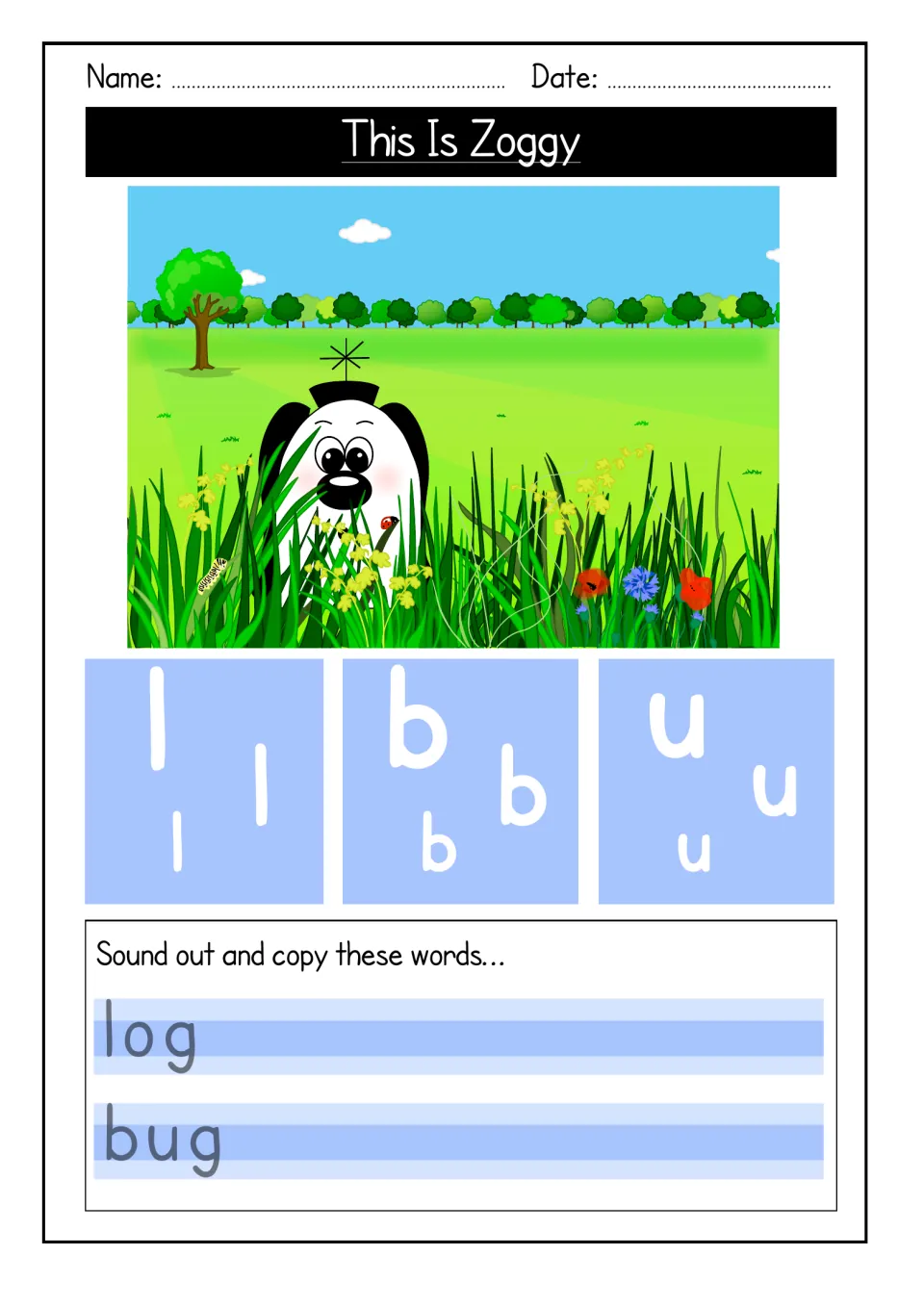 Zoggy hiding in tall grass, with letters l, b and u to trace and the words log and bug to sound out and copy