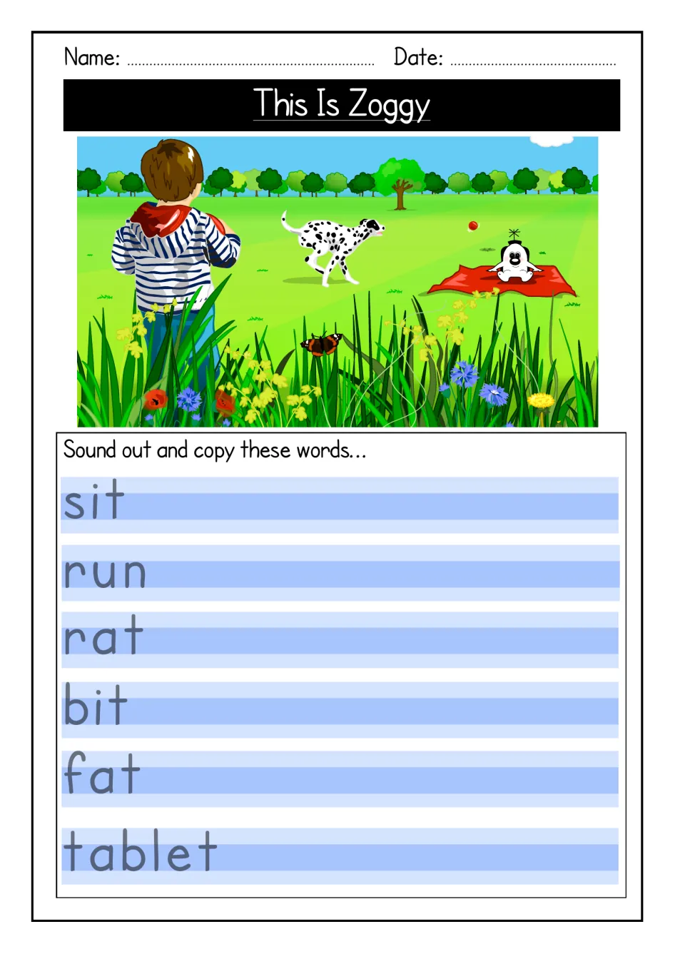 Park scene of a boy, a Dalmatian and Zoggy on a rug; students sound out and copy sit, run, rat, bit, fat and tablet
