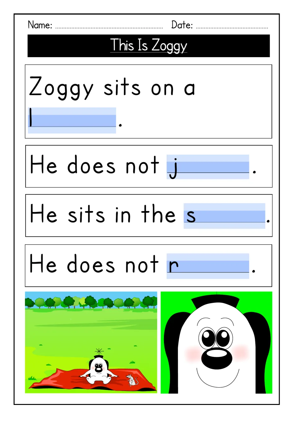 Sentence completion about Zoggy: students finish words from first letters l, j, s and r, e.g. 'Zoggy sits on a l...'