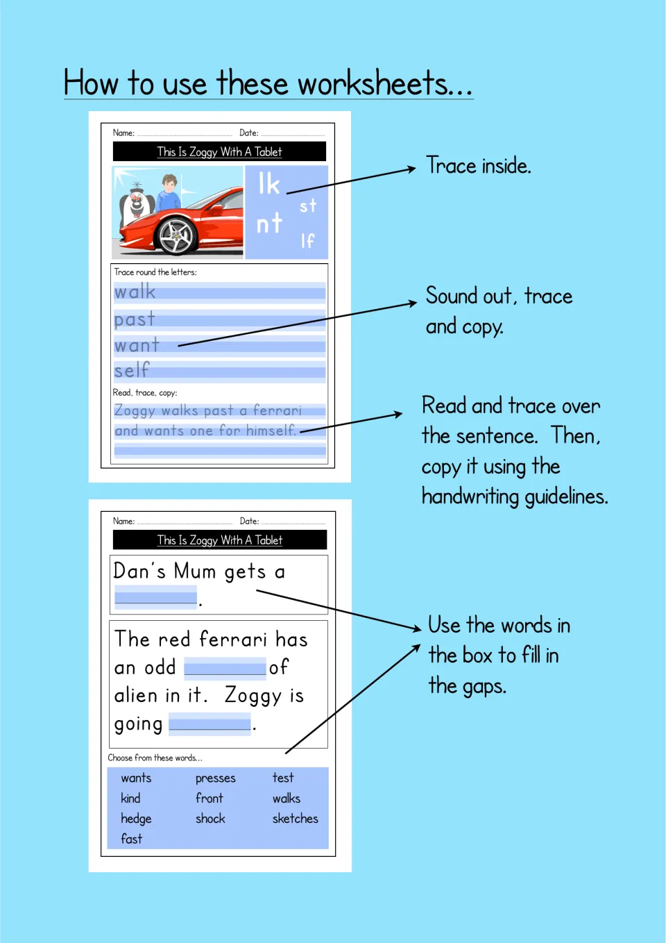 How to use these worksheets: arrows explain tracing blends, copying words and sentences, and filling gaps from a word box