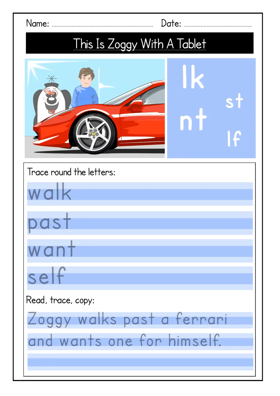 Consonant endings lk, st, nt, lf: students trace walk, past, want and self, then trace and copy a sentence about a ferrari